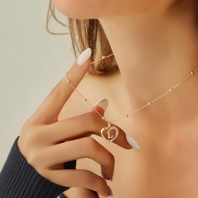 Cicy Bell Womens Heart Initial Necklace for Women 18k Gold Plated Shell Personalized Letter Pendant Necklace 17.7'' with 2'' Extender