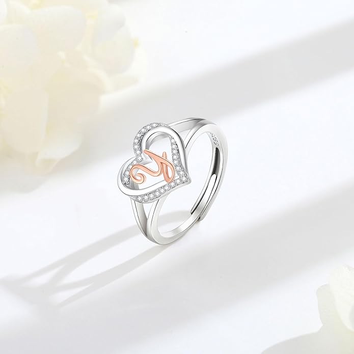 INFUSEU 925 Sterling Silver Initial Heart Ring for Women Girls, Adjustable Size