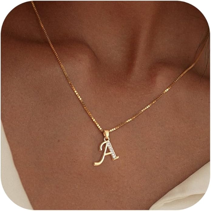 Initial Necklace for Women, 14K Gold Plated Box Chain Letter Pendant, Trendy Name Necklace, Dainty Personalized Jewelry Valentines Day Gift for Her
