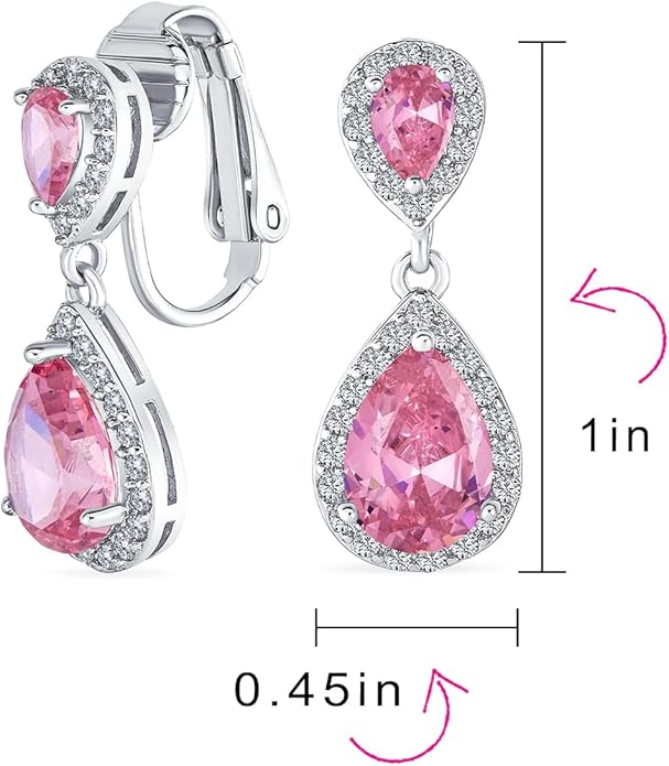 Vintage Style Bridal Cubic Zirconia Simulated Gemstone AAA CZ Halo Dangle Teardrop Chandelier Clip On Earrings For Women Silver Rose Gold Plated in Black Purple Blue Red Rose Pink Green Clear