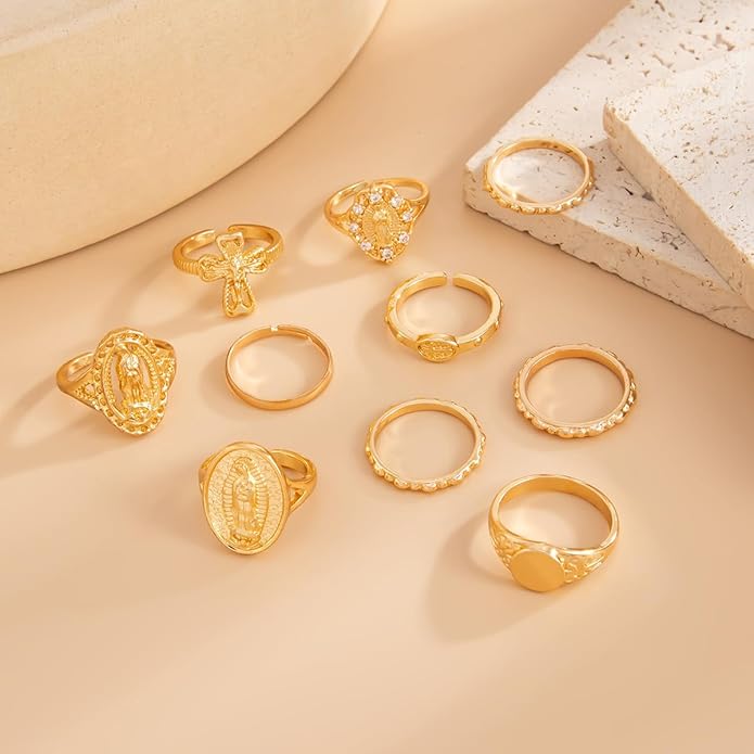 Chunky Gold Rings for Women Rhinestone Stackable Knuckle Ring Set Open Adjustable Statement Ring Set Dainty Crown Cross Midi Rings Fashion Jewelry Gift for Women