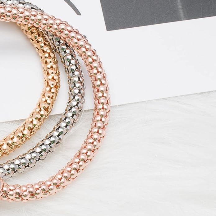 Crystal Charms Multilayer Bracelets - 3PCS Gold/Silver/Rose Gold Corn Chain Bracelet for Women, Tree of Life Heart Shaped Stretch Bracelet