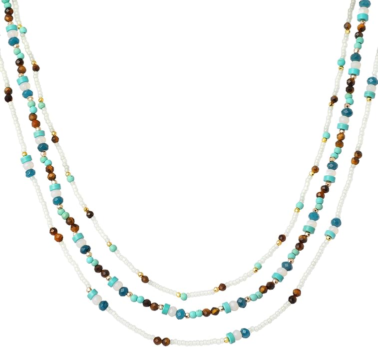 Boho Layered Necklaces For Women Western Turquoise Natural Stone Jewelry For Women Statement Beaded Necklace For Women Dainty Chain Necklace Stack For Women Unique And Unusual Gifts