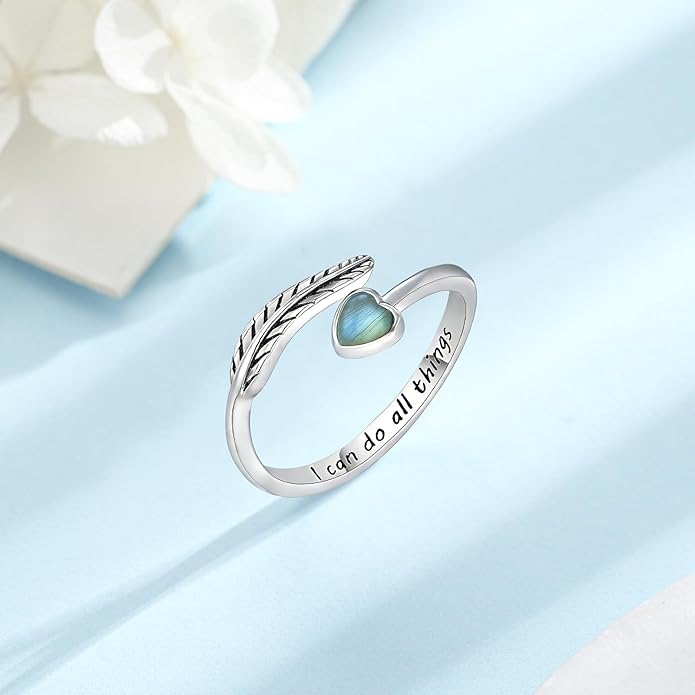 Turquoise/Moss Agate/Moonstone/Black Onyx/Lapis Lazuli/Labradorite/Tiger Eye Feather Ring 925 Sterling Silver Adjustable Ring Western Thumb Rings Vintage Jewelry Gifts for Women