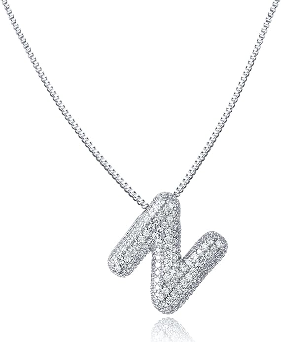 SKQIR Diamond Initial Letter Necklace for Women Bubble Gold Plated Puffy Balloon Alphabet Crystal Zircon Pendant Name Necklace Dainty Charms Trendy Jewelry Gift for Women