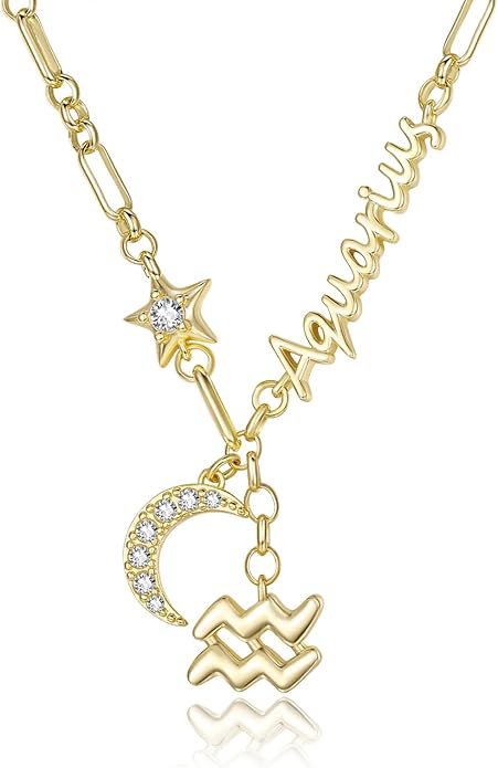 14K Gold/Rose Gold Zodiac Necklace for Women - Horoscope Constellation Pendant with Moon and Star, Luxury Birthday Gifts Jewelry for Her (12 Zodiac Signs)