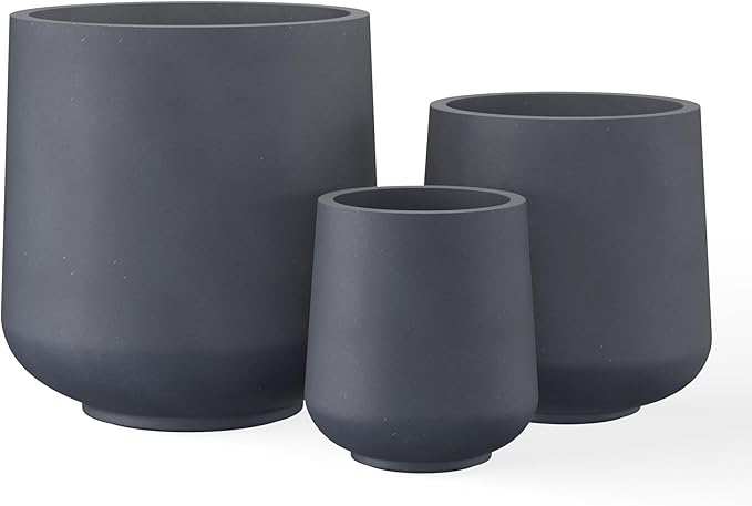 Kante Set of 3 Charcoal Concrete Curved Planters 16.5" 13" 9.4" Dia | Drainage by Unknown
