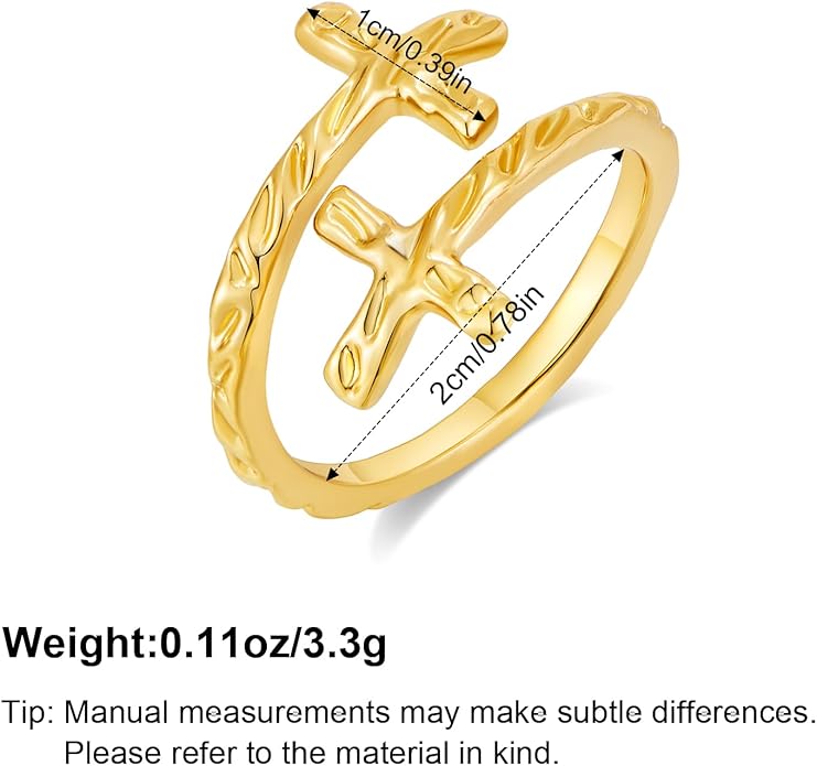 Cross Ring for Women 14 Gold Plated Hammered Texture Open Ring Size Adjustable Dainty Faith Christian Jewelry Gifts