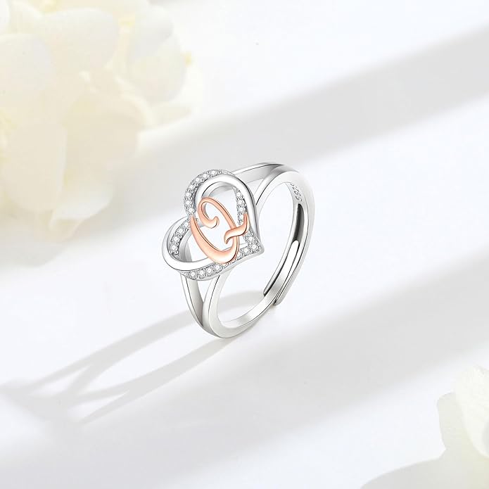 INFUSEU 925 Sterling Silver Initial Heart Ring for Women Girls, Adjustable Size