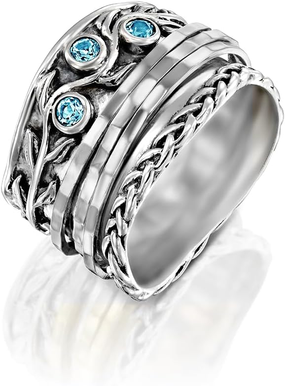 Paz Creations 925 Sterling Silver Spinner Rings for Women With Natural Gemstones - Hammered Pattern Thick Band - Handcrafted Artisan Jewelry - Fidget Rings - Gift For Her