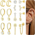 Dochais Flat Back Cartilage Earrings for Women Trendy Dainty CZ Flatback Studs Earing Sets 14k Gold Plated Hypoallergenic Huggie Hoops Earring Stacks for Multiple Piercing