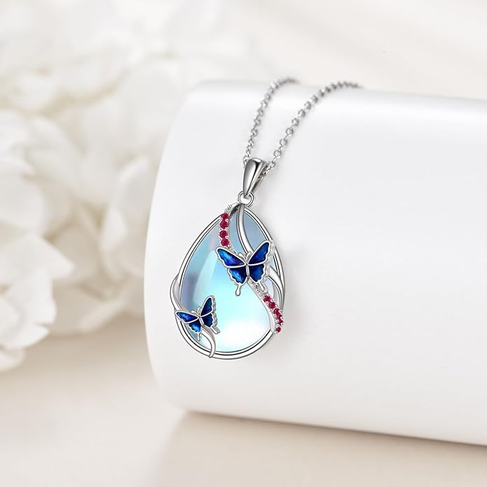 KQF Dragonfly/Butterlfy/Cat/Jellyfish/Bunny/Axolotl/Bee/Mermaid/Hummingbird/Elephant Necklace for Women Sterling Silver Moonstone Pendant Necklace Dragonfly Jewelry Gifts for Women