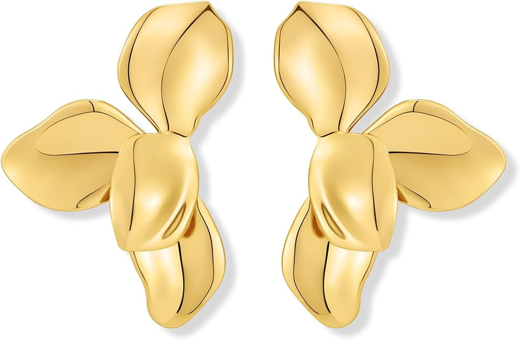 Chunky Gold Statement Earrings For Women Gold Plated Sectored Flower Leaf Shell Angel Wing Earrings Trendy Boho Jewelry For Women Large Stud Earrings Hypoallergenic Earrings