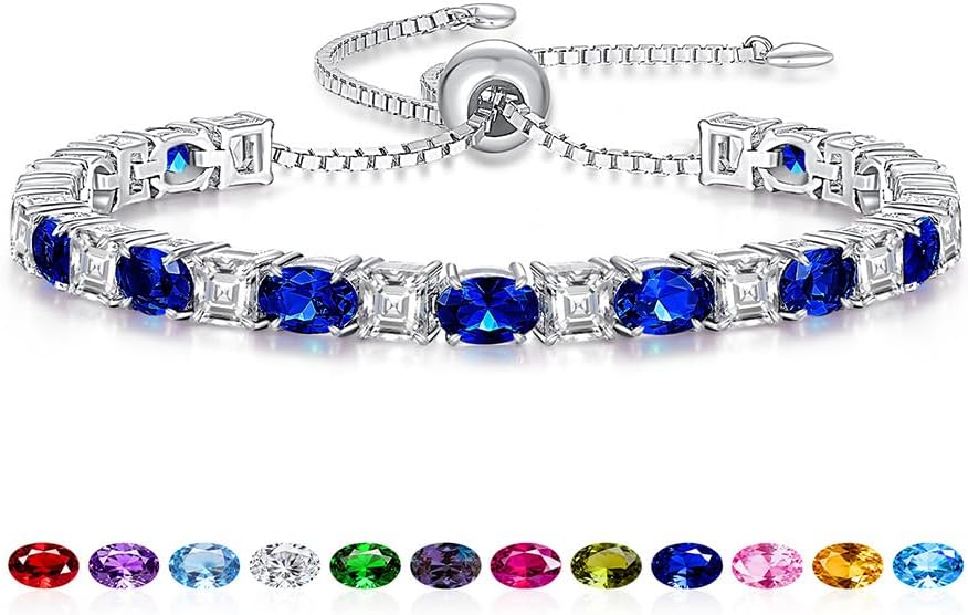 Sterling Silver Birthstone Bracelets for Women White Gold Tennis Bracelets Adjustable Chain 6-9 Inchs Jewelry Hypoallergenic Anniversary Birthday Gifts for Women Mom Wife Her