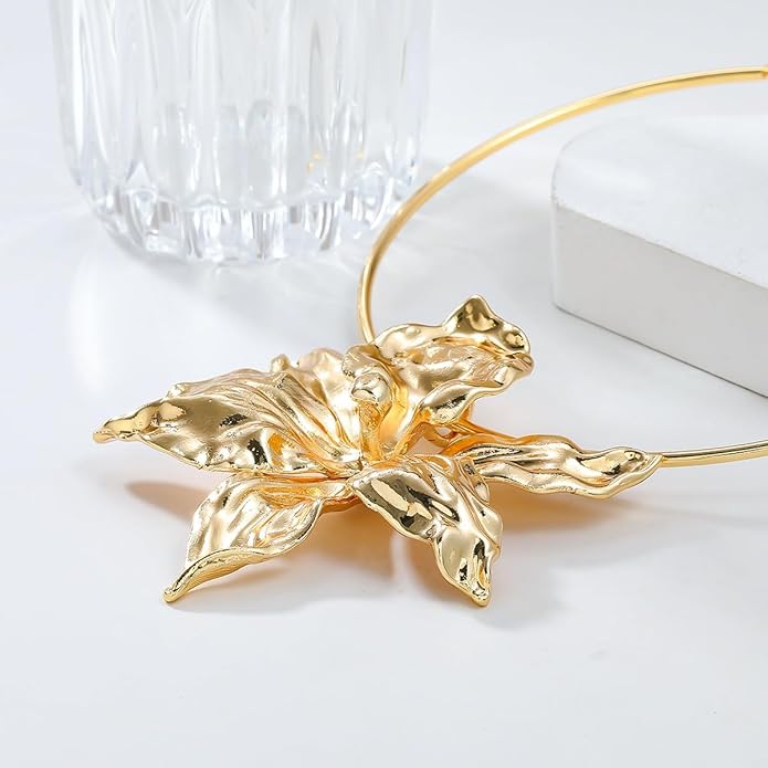 Statement Metallic Alloy Flower Necklace for Women - Large Floral Pendant Vintage Open Choker Hawaiian Vacation Beachy Boho Fashion Jewelry