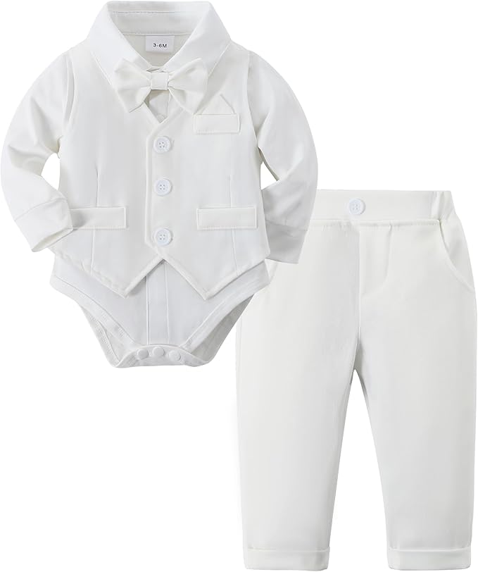 DISAUR Baby Boy Clothes Toddler Boy Outfits 4PCS Gentleman Dress Romper/Vest/Pants/Bow Tie Cotton Suit Sets