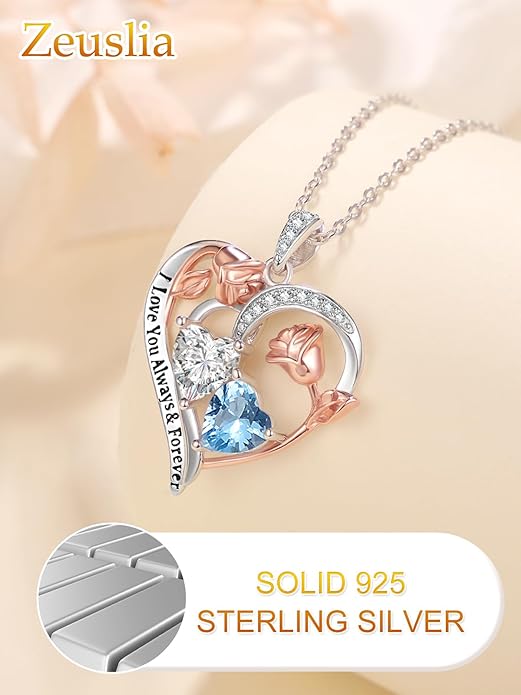 Valentine's Day Gifts for Wife 925 Sterling Silver Double Birthstone Pendant Necklaces I Love You for Always and Forever Necklace Anniversary Birthday Gifts for Wife Girlfriend Mom Her