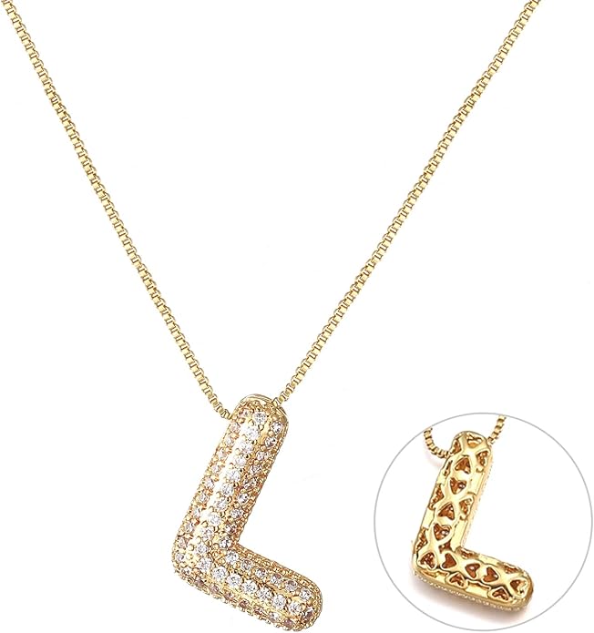 RWQIAN Letter Necklace for Women Bubble, Chunky Initial Alphabet A-Z Pendant Puffy Name Personalized Necklace Dainty Zircon CZ Fashion Jewelry Gifts for Girls Girlfriend