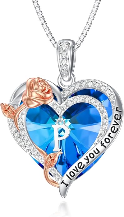 PELOVNY Rose Heart Initial Necklaces for Women S925 Sterling Silver Alphabet Letter Crystal Necklace Initial Pendant Jewelry Gifts for Mom Daughter Wife
