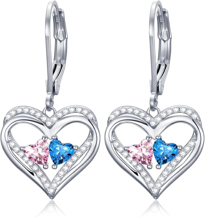 Valentines Day Gifts for Women, Heart Leverback Earrings Double Birthstone Dangle Earrings for Women, Love Jewelry for Her, Anniversary Birthday Gift for Mom Wife Girlfriend