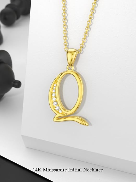 14k Gold Initial Necklace for Women, Solid Gold Moissanite Letter Pendant Necklaces Jewelry for Her Birthday Valentines Day Gifts for Mom Wife Christmas Gifts for Girlfriend Sister