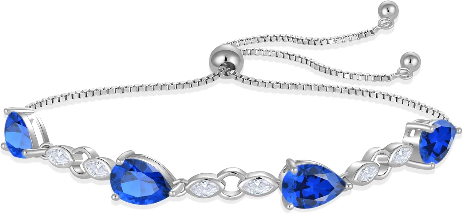 Teardrop Birthstone Bracelet for Women, S925 Sterling Silver Pear Cut Cubic Zirconia Bracelet Dainty Adjustable Chain Jewelry Gift for Her