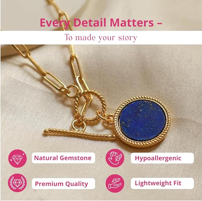 Gempires Gemstone Coin Front Toggle Pendant Necklace for Women with Gold Paperclip Chain, Natural Crystal Pendant with Toggle Clasp, Handcrafted Perfect Jewelry Gift for her