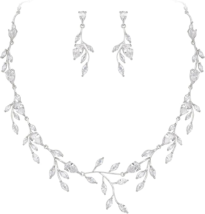 EVER FAITH Wedding Jewelry for Bride Women Bridesmaid, Sparkly Cubic Zirconia Pear-Shaped Birthstone Leaf Necklace Earrings Set for Prom