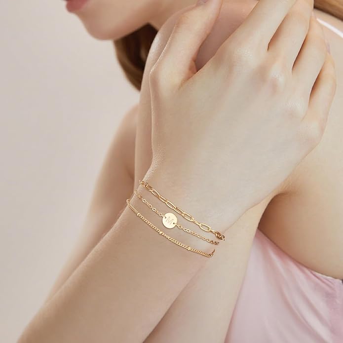 Valentines Day Gifts - Gold Initial Bracelets for Women - 18K Gold Plated over Stainless Steel Letter Charm Bracelet with Layered A to Z Design - Birthday Christmas Jewelry Gifts