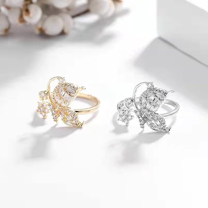 Gold-Plated Butterfly Rings - Vintage Snake Statement Rings with Cubic Zirconia for Women Adjustable Open Rings