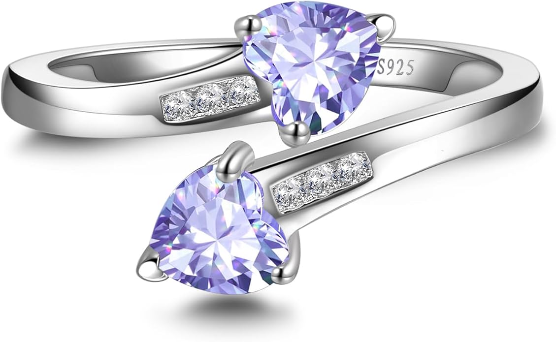 1CT Adjustable Women Heart Ring 925 Sterling Silver Birthstone Rings for Women Promise Ring for her Simulated Gemstone Statement Stackable Band Width 2mm Open Size 5~9