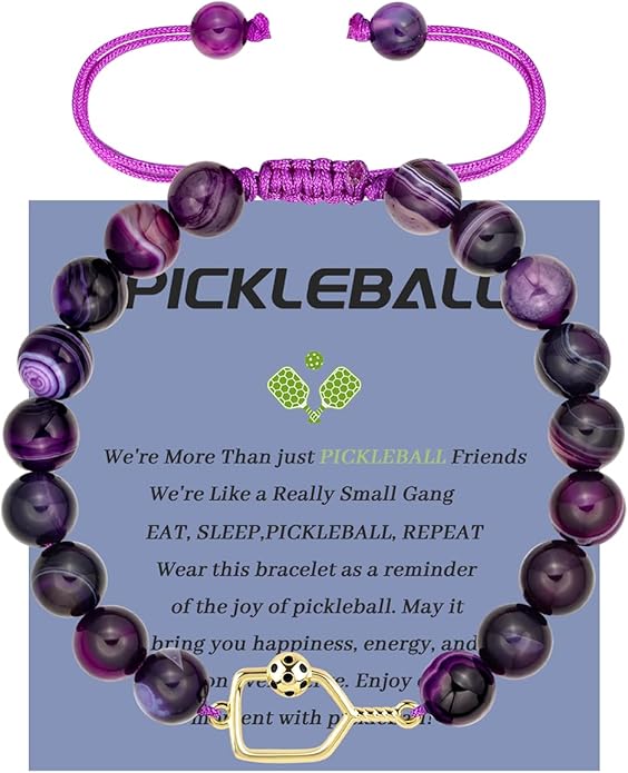 Natural Stone Adjustable Braided Beaded Pickleball Bracelet Charm Jewelry - Sports Lover Pickleball Gifts for Women Men Teens Friends