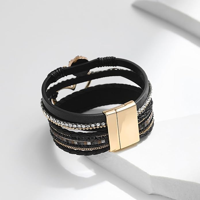 Fesciory Leopard Bracelet for Women, Boho Leather Wrap Multi-Layer Pearl Crystal Bracelet Bangle Jewelry