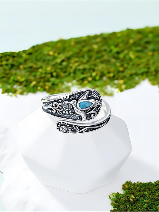 JKR Turquoise Spoon Rings for Women Sterling Silver Vintage Antique Thumb Ring Boho Jewelry Anniversary Birthday Gift for Wife Her Mom