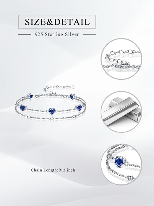 Birthstone Anklet/Bracelets for Women 925 Sterling Silver Charm Link Double Strand Heart Birthstone Jewelry Gift for Wife Women Mother's Day Gift