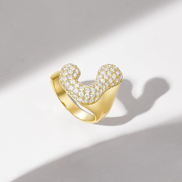 KissYan Bubble Initial Ring Valentines Day Gifts for Women, 14k Gold Plate Balloon Jumbo Letter Rings Open Adjustable Dainty Pave CZ Personalized Fashion Trendy Statement Jewelry
