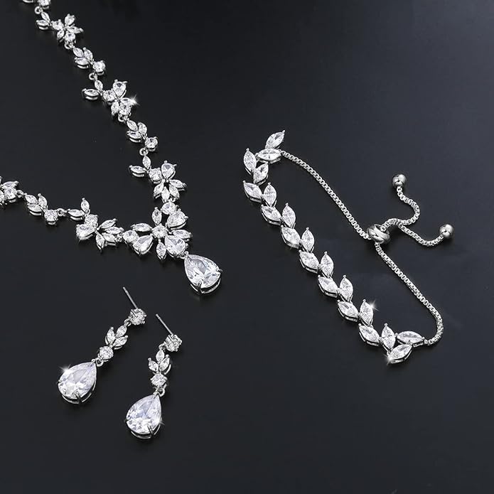 Bridal Wedding Jewelry CZ Set Marquise Teardrop Cubic Zirconia Pendant Necklace and Dangle Earring Bracelet Sets for Women