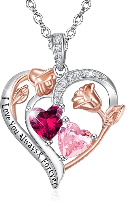 Valentine's Day Gifts for Wife 925 Sterling Silver Double Birthstone Pendant Necklaces I Love You for Always and Forever Necklace Anniversary Birthday Gifts for Wife Girlfriend Mom Her