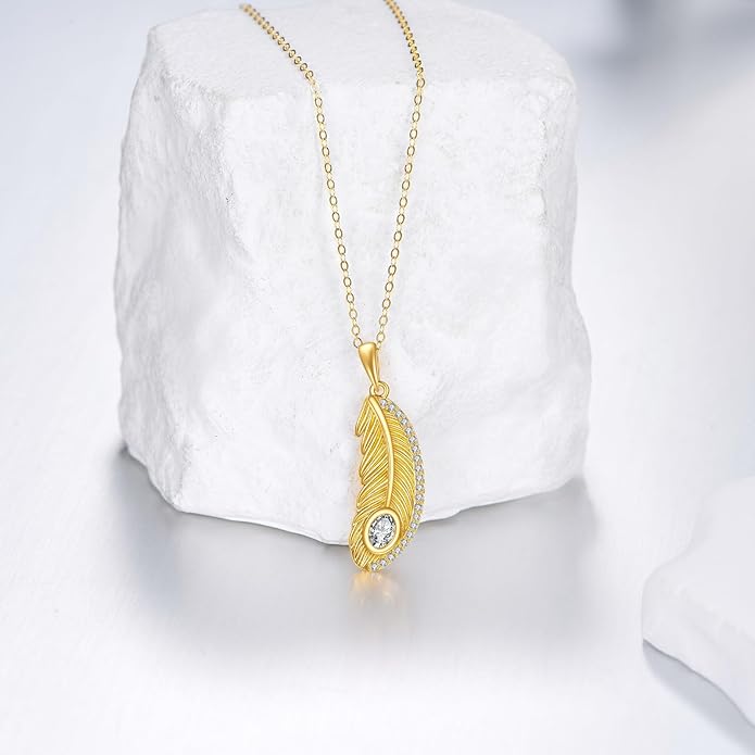 KQF Peacock Feather Necklaces 14K Solid Gold Zircon Pendant Animal-Inspired Jewelry Brithday Gifts For Women