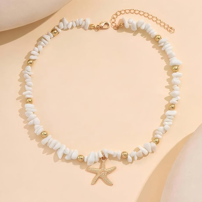 Shell Starfish Necklace for Women, 14k Gold Plated Boho Layered Beaded Charm Pendant Necklace, Dainty Adjustable Pearl Conch Summer Beach Vacation Jewelry Gifts
