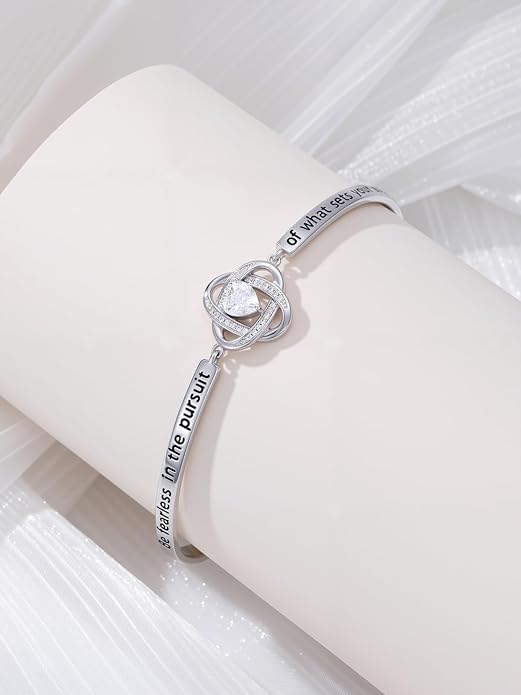 Valentines Day Gifts for Her, 18k White Gold Plated Love Knot Bracelets, Engraved Inspirational and Sentiment Bangle, Anniversary Birthday Jewelry Gift for Lover Wife Girlfriend Sister Friends