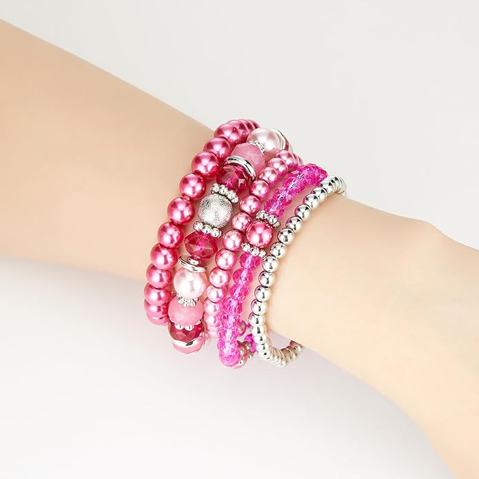 Noessla Beaded Pearl Stretch Bracelet Silver Stackable Crystal Beads Bracelets Trendy Costume Jewelry Mothers Day Gifts for Women