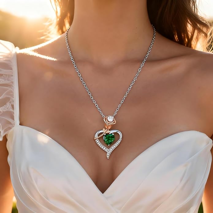 immobird Rose Gold Heart Necklace Birthstone Jewelry Sterling Silver Jewelry Plated White Gold Valentine's Day Gift Women for Wife Mom Necklace for Women
