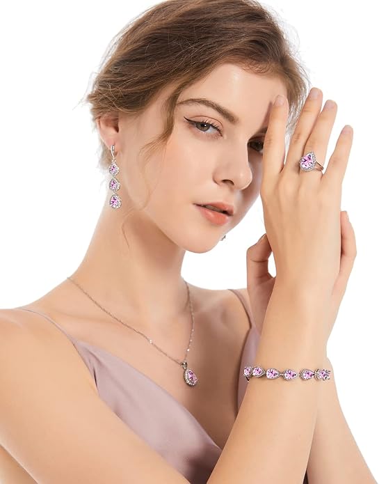 LMXXVJ Necklace Long Earrings Bracelet Set, White Gold Plated Created Blue Sapphire Jewelry Set Wedding Party Gift Jewelry for Women Bridal Bridesmaid