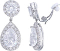 Elegant Cubic Zirconia Long Clip-On Earrings, Teardrop Crystal Dangle Design, Non-Pierced Ears, Wedding Bridal Party Jewelry