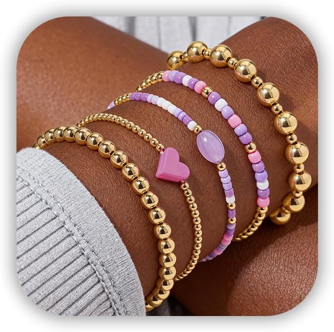 Gold Bracelets for Women Waterproof, 14K Gold Plated Beaded Cross Bracelets Set,Boho Stretch Bracelets Stackable Jewelry for Women Teenage Girls Jewelry Christmas Gifts