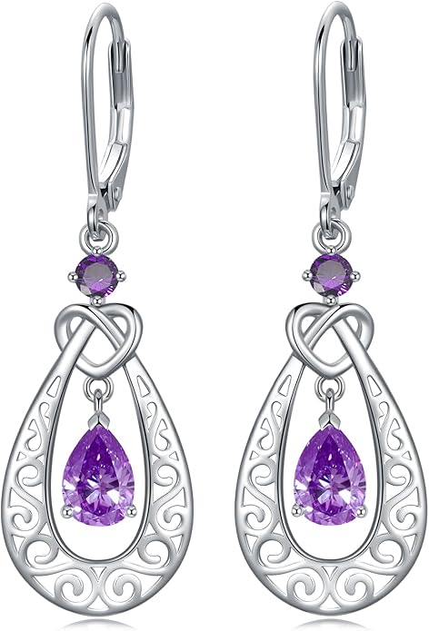 Teardrop Birthstone Dangle Drop Earrings Sterling Silver Infinity Filigree Leverback Earrings, Infinity Love Birthday Anniversary Valentines Day Gifts for Her Women Mom Wife
