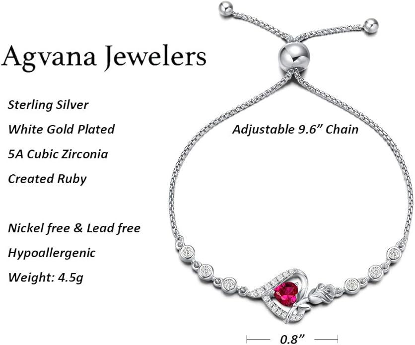 AGVANA Valentines Day Gifts Rosy Reverie Birthstone Bracelet for Women Sterling Silver Genuine or Created Gemstone Tennis Bracelet Rose Heart Jewelry Anniversary Birthday Gifts for Women Mom Wife Her