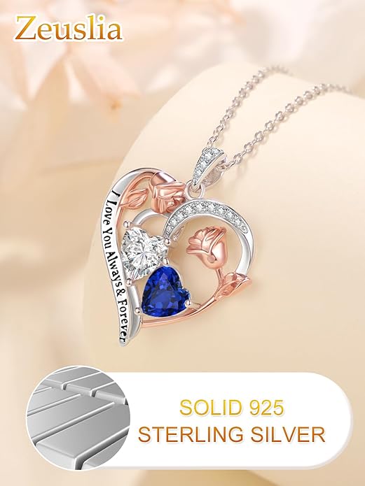 Valentine's Day Gifts for Wife 925 Sterling Silver Double Birthstone Pendant Necklaces I Love You for Always and Forever Necklace Anniversary Birthday Gifts for Wife Girlfriend Mom Her