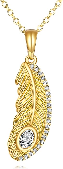 KQF Peacock Feather Necklaces 14K Solid Gold Zircon Pendant Animal-Inspired Jewelry Brithday Gifts For Women